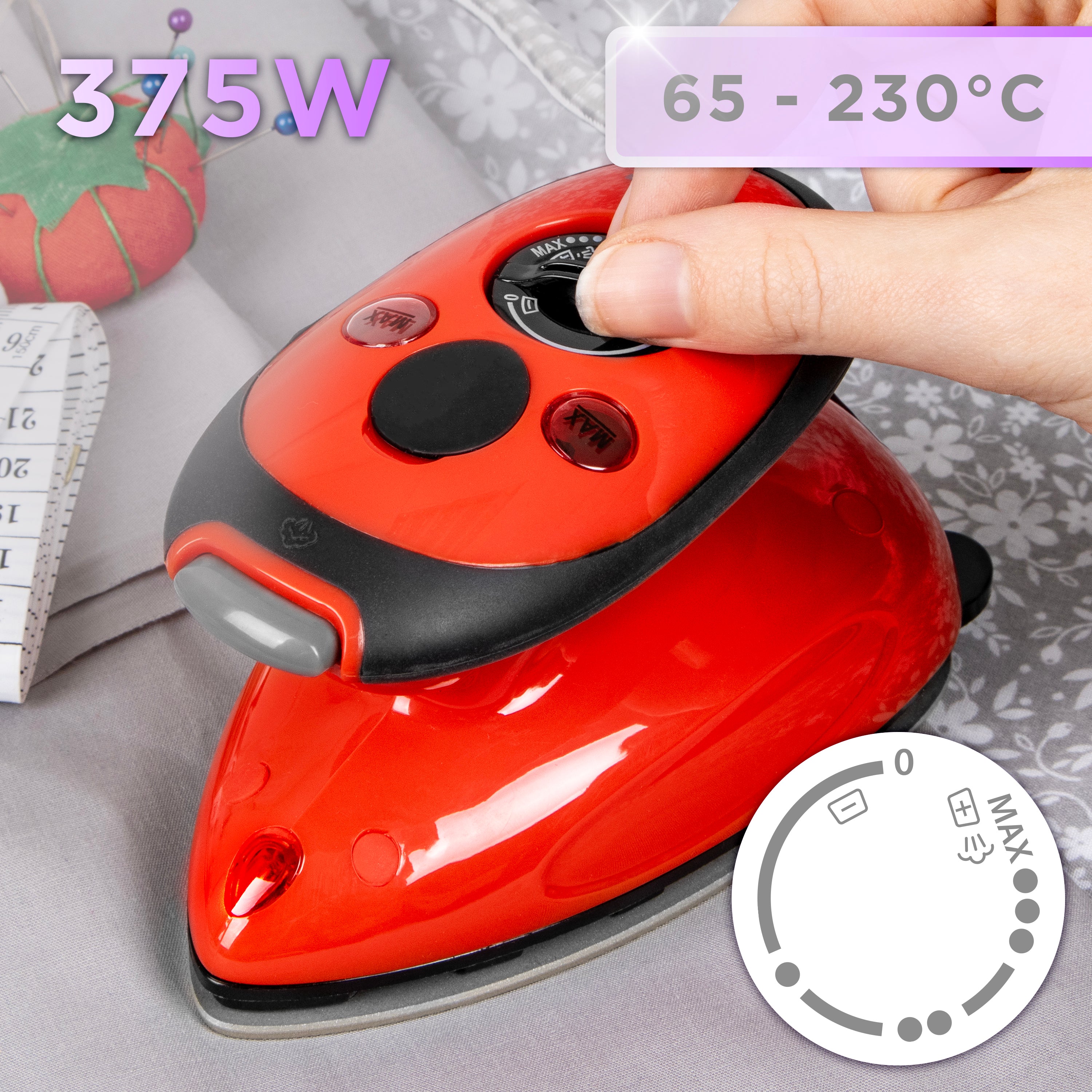 Duronic Travel Iron Si2 RD mini Compact Steamer Quilting Iron 375W 50ml Capacity With Brush and Variable Heat Settings, Patchwork, Applique, Craft For Holiday Red