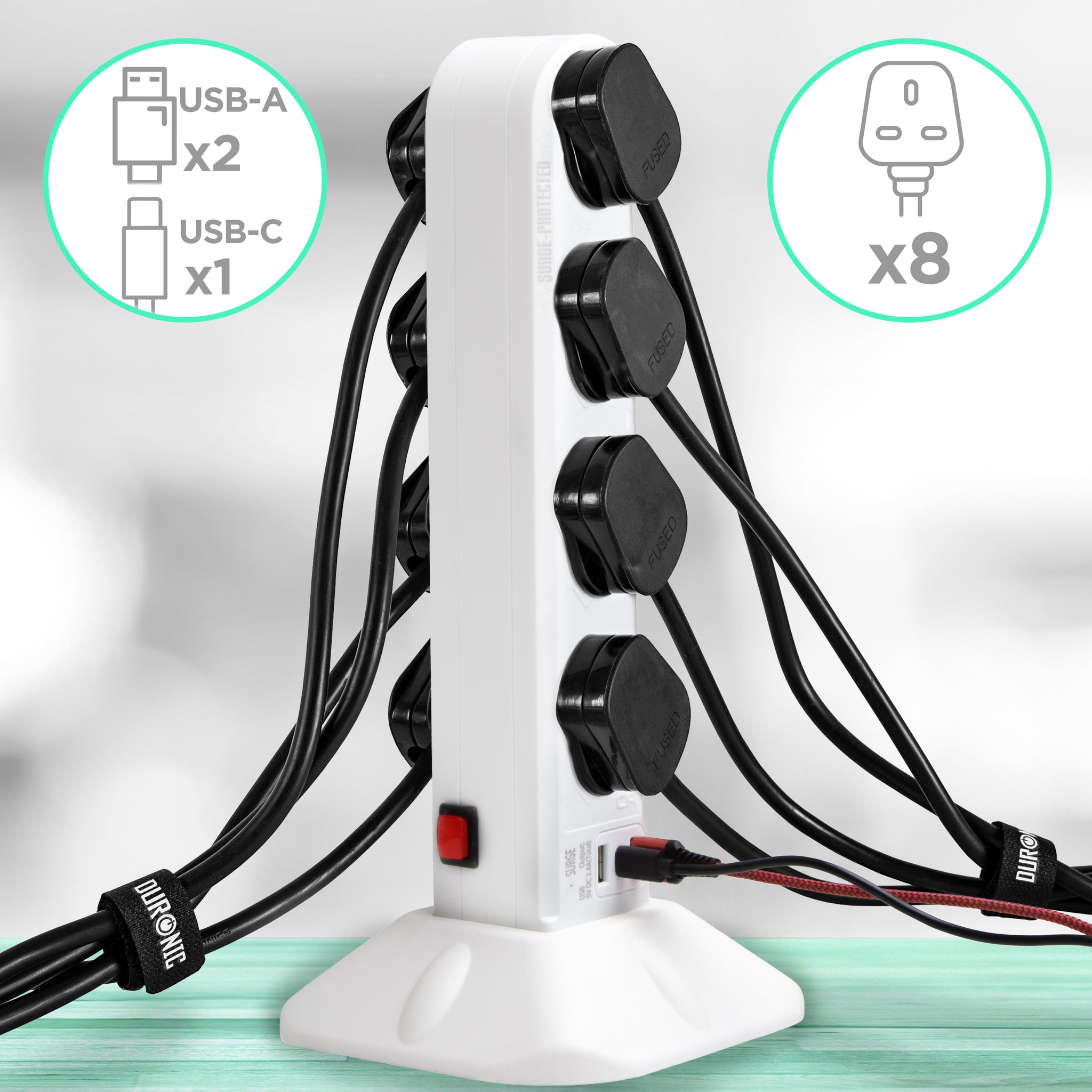 Duronic Surge Protected Extension Lead ST8W Tower Extension Leads with USB Multiplug Adapter Cord for UK Plugs 8 Way with 2x USB Slots and 1x USB-C Slot Long White Power Cords Multi Outlet Socket