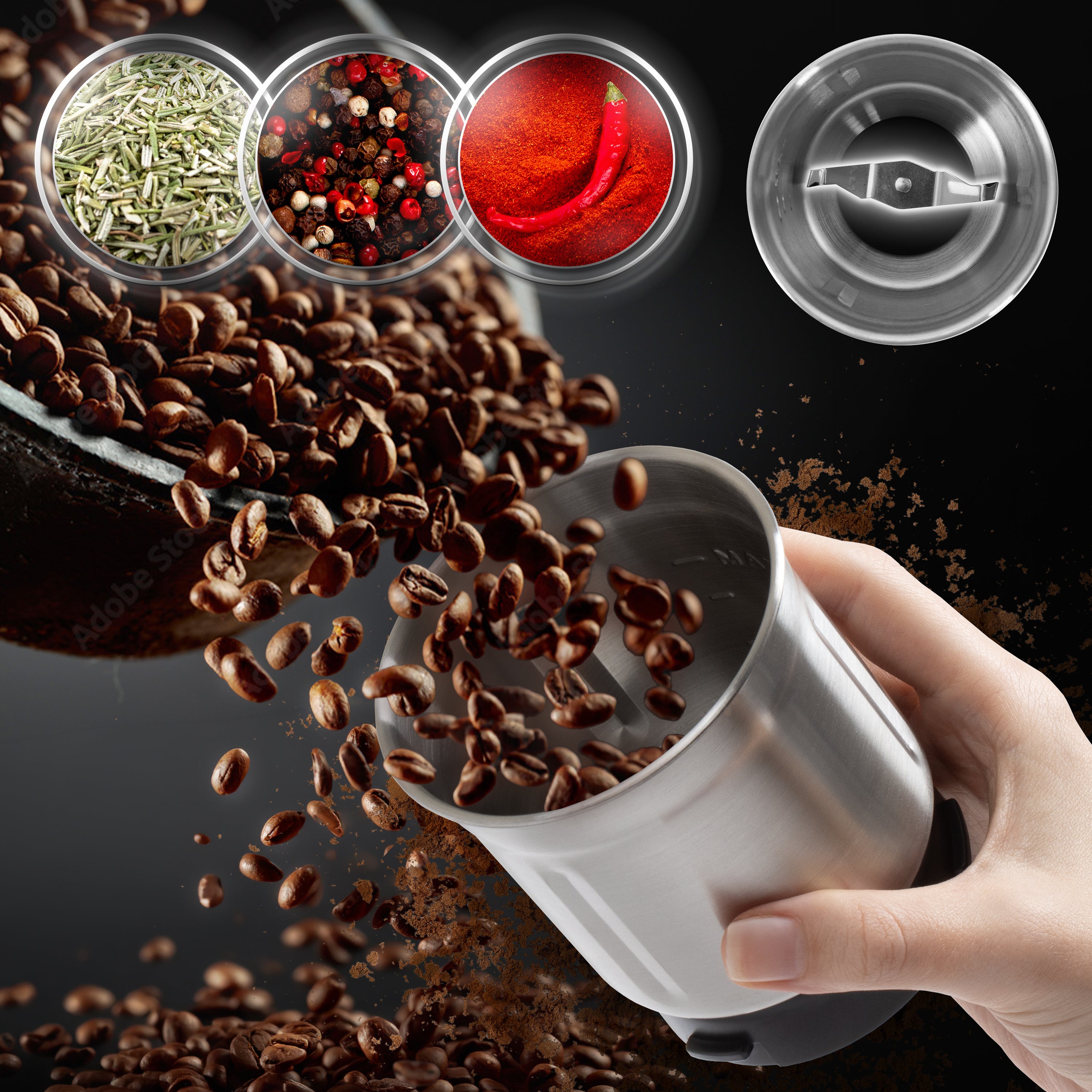 Duronic CG650 Electric Coffee Grinder, 220ml Spice Grinding Cup, Silver, Compact Coffee Grinder & Spice Mill, Adjustable Coarseness Knob, Push-to-Grind Pulse, Silicone Seal Lid, 150W