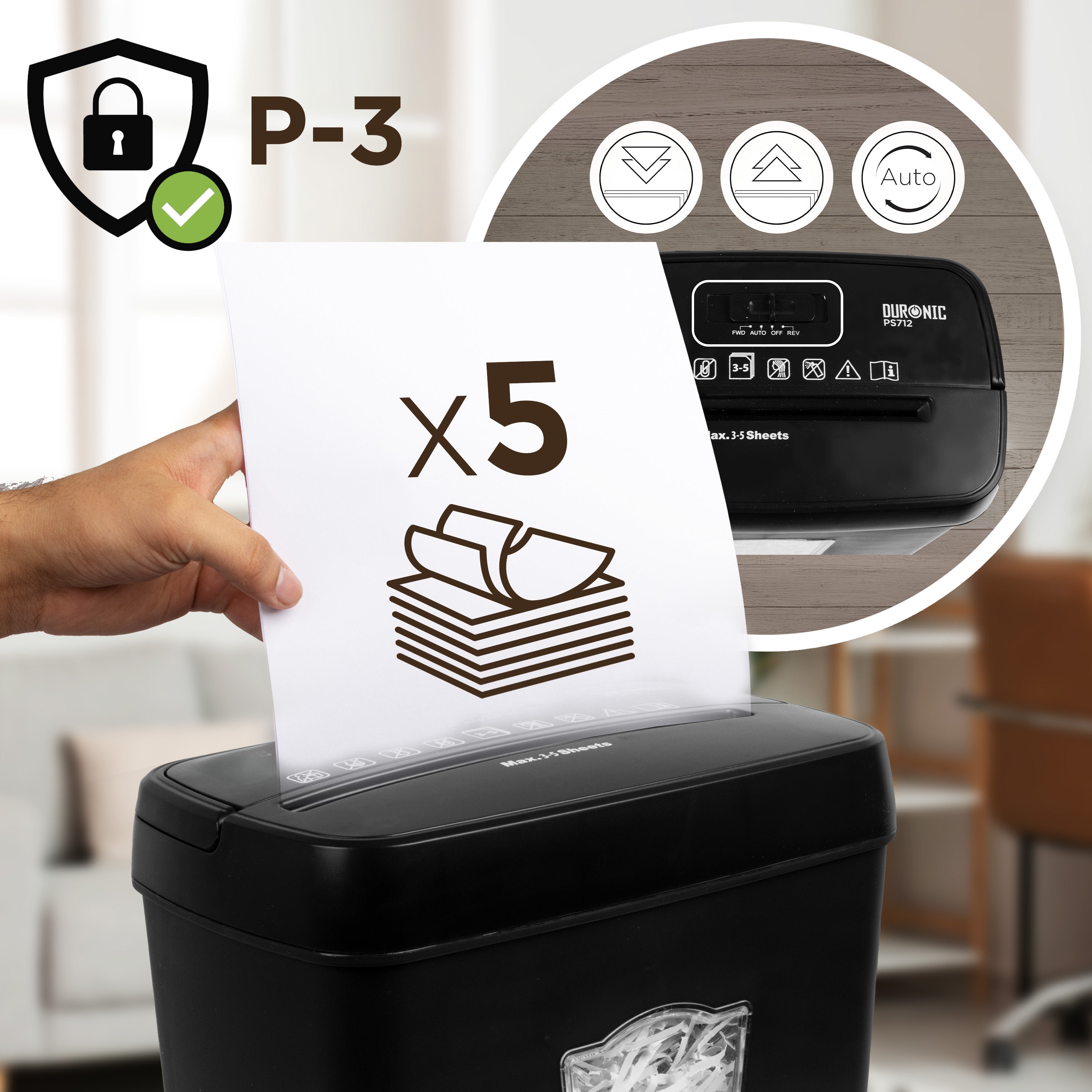 Duronic Cross Cut Paper Shredder PS712, Shred 5 Sheet Heavy Duty Small Mini Electric Shredders, Data Shredding Machine for Home Office Use, Shreds Papers, Credit Cards, Envelopes, Documents - Black P4