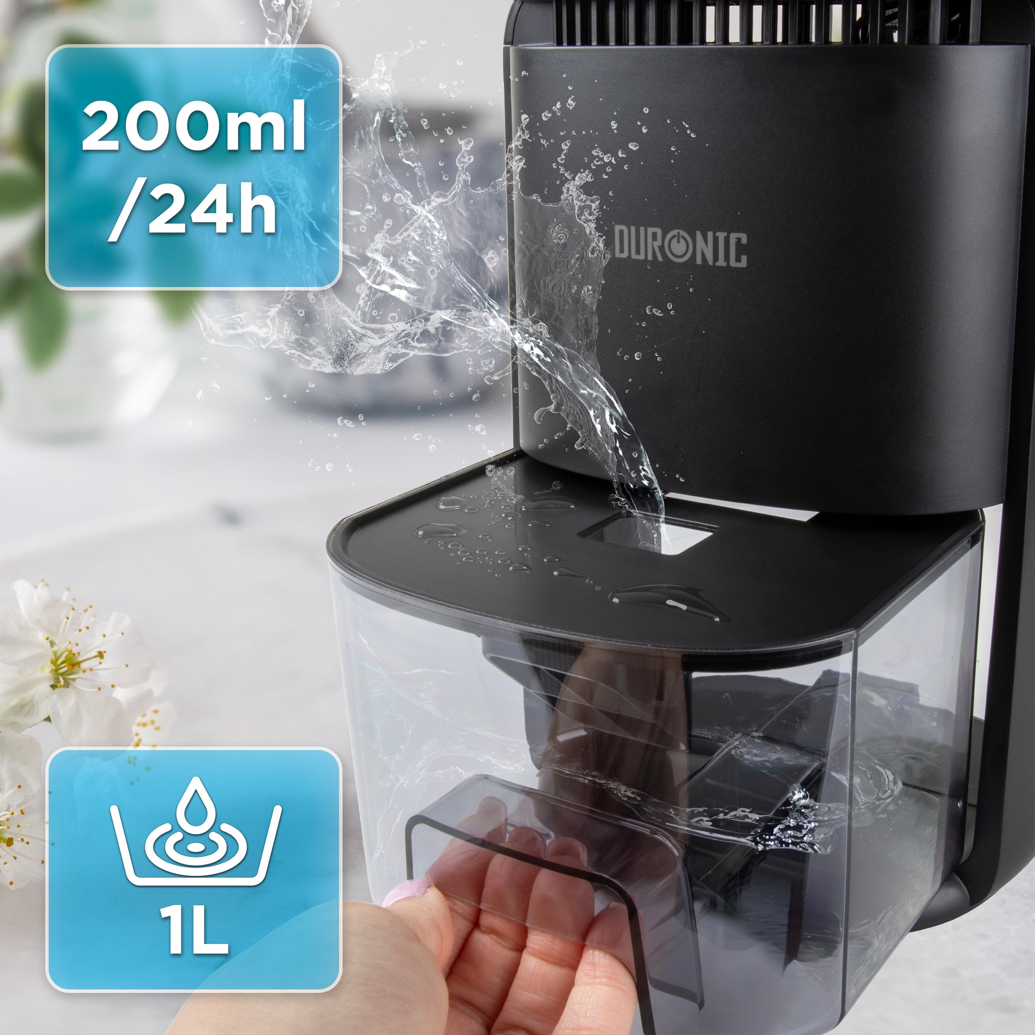 Duronic DH07 BK Mini Dehumidifier, 22.5W Compact Dehumidifier, Automatic Moisture Remover with 1L Tank Capacity, Quiet Home Dehumidifiers for Dust Allergies Asthma & Damp, Bedroom and Bathroom Black