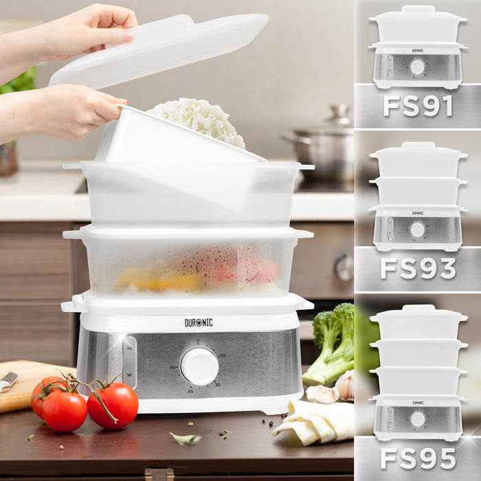 Duronic FS91 WE White Electric Food Steamer, 3L Steam Cooker with Rice Bowl & 60-Min Timer, 950W BPA-Free Countertop Vegetable Steamer for Fish, Meat, Rice, Eggs, Dumplings, Momos & Baby Food
