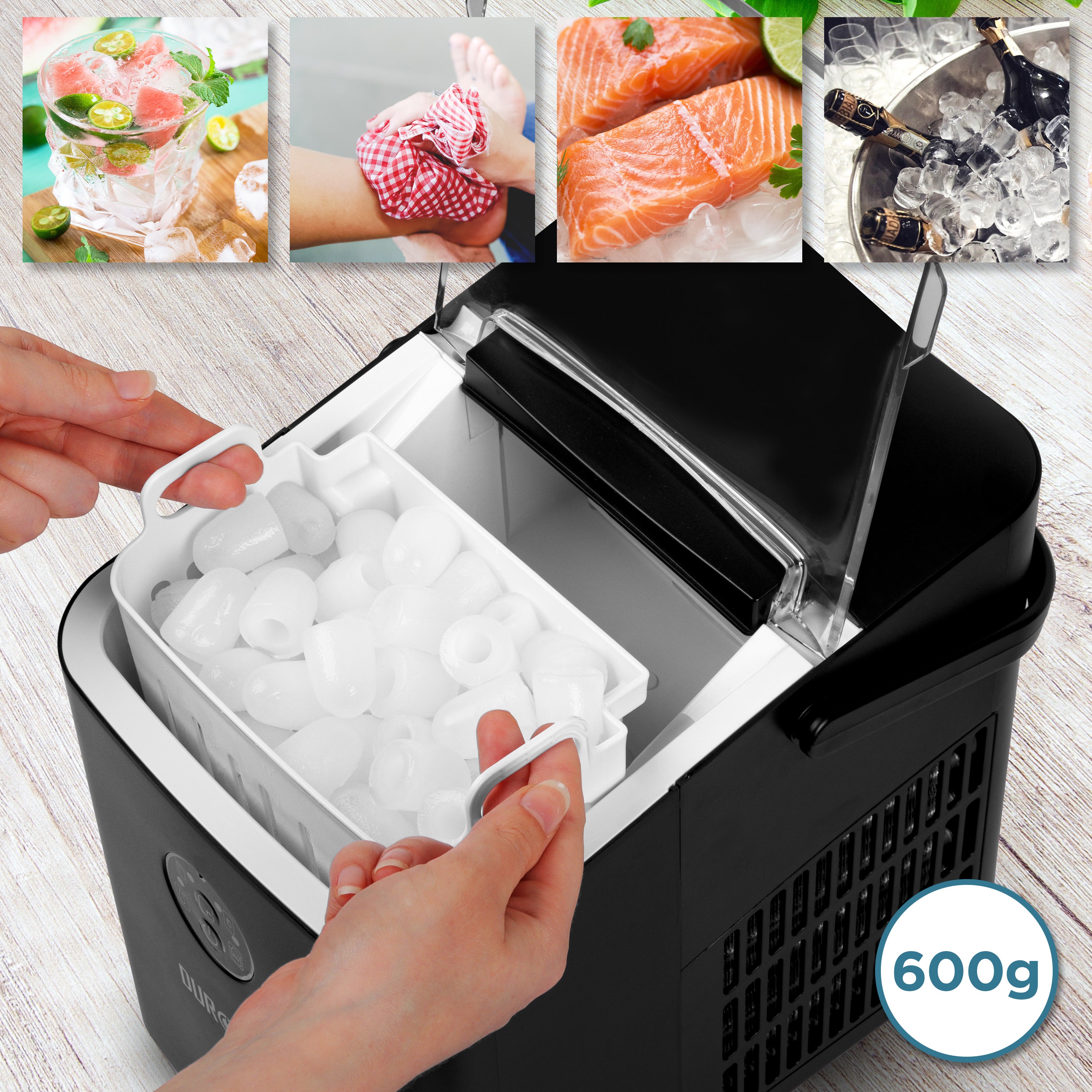 Duronic Countertop Ice Maker Machine ICM12 BK, 8 Cubes in 6 Minutes, Up To 12kg Ice Cubes Daily, 120W Self Cleaning Ice Machine With 1L Tank, Ice Scoop and Basket for Home,Office, Bar