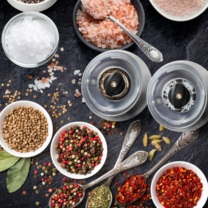 Duronic EMB2 Electric Salt and Pepper Grinder Set 25W Two Automatic Gravity Salt Shakers Battery Powered Pepper Mills One Handed Spice Grinder with LED Light, Adjustable Coarseness