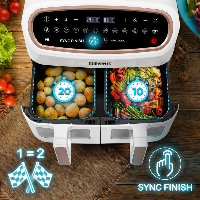 Duronic Twin Air Fryer AF24 WG Dual Zone Cooker 10L Dual Drawers 10-in-1 Double Basket AirFryer for Family, Uses No Oil, Air Fry, Roast, Bake, Dishwasher Safe Non-Stick Baskets, White Gold