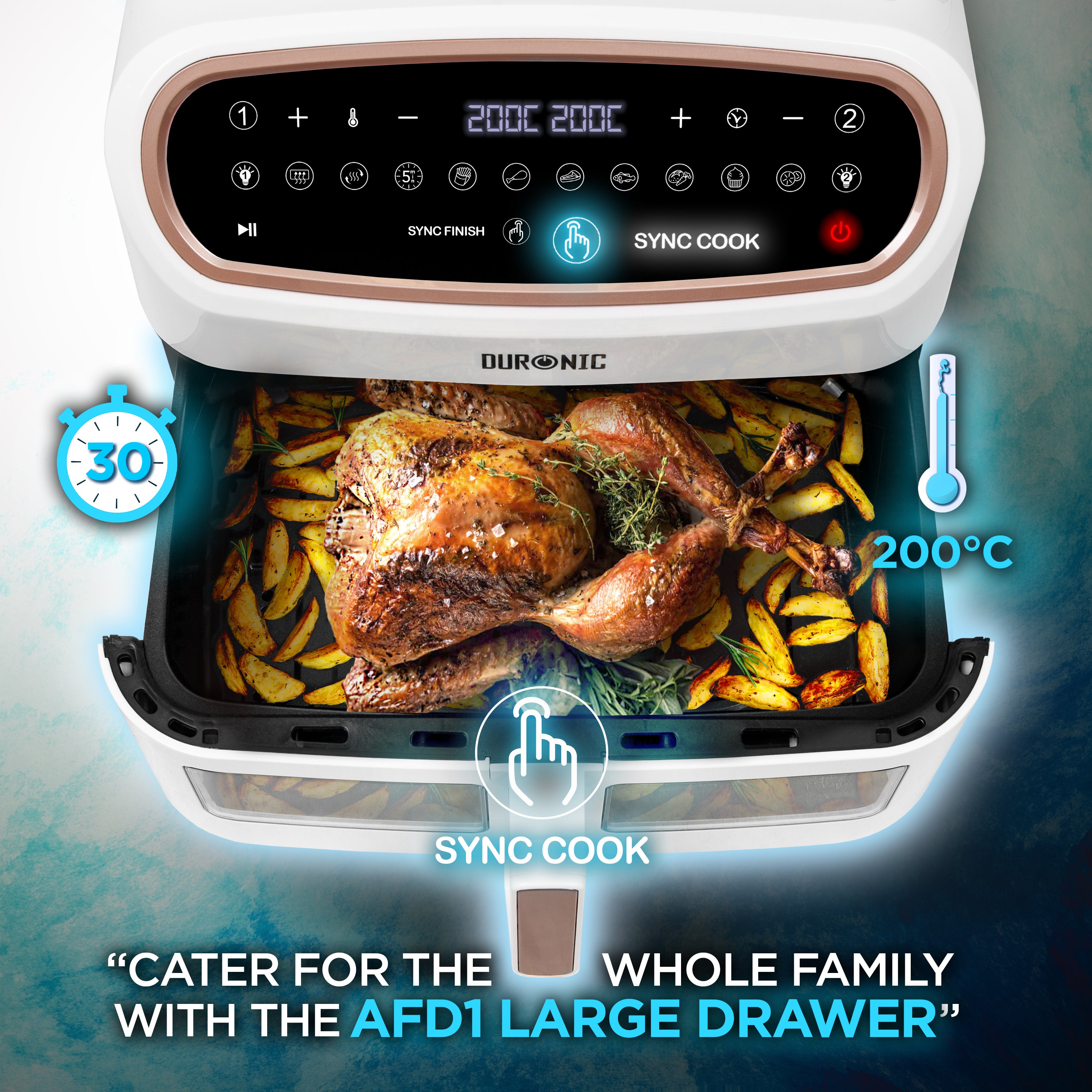 Duronic Dual Air Fryer with Visual Window AF34 WE White and Gold, 3 draws Included, Dual Zone Family Sized Multi Cooker, 1 x 10L Large Drawer, 2 x 5L Twin Drawers