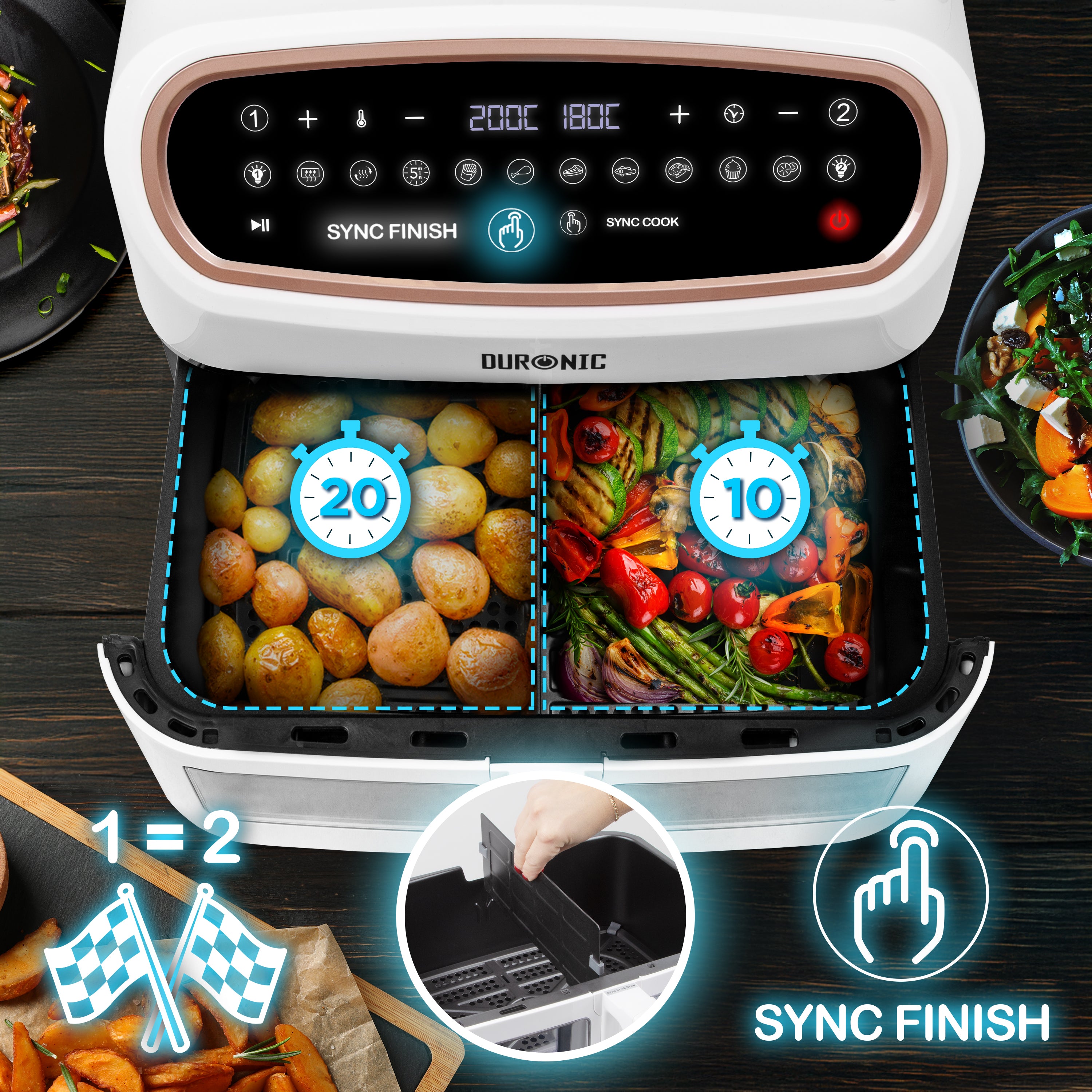 (LARGE SINGLE DRAWER MODEL) Duronic XXL Digital Air Fryer AF14 WE 10L Family Size Air Fryers 10in1 Dual Zone Extra Large AirFryer with window for Cooking with Dishwasher Safe Non-Stick Basket White