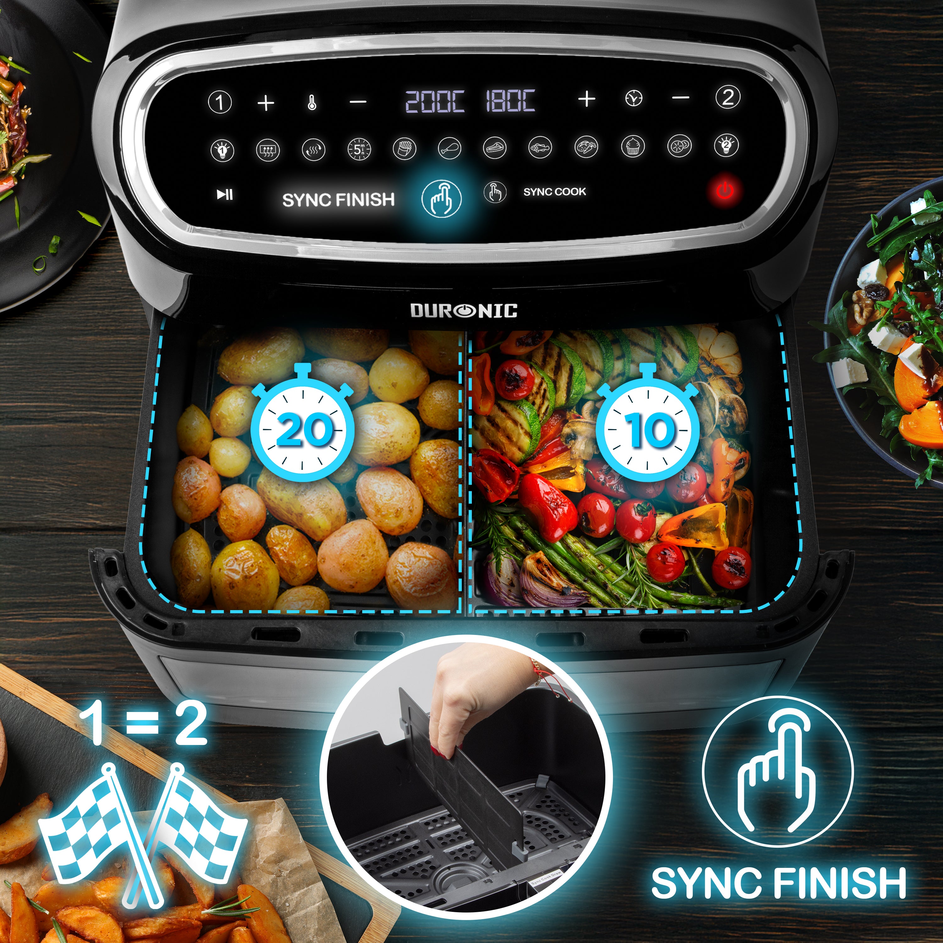 (LARGE SINGLE DRAWER MODEL) Duronic XXL Digital Air Fryer AF14 BK 10L Family Size Air Fryers 10in1 Dual Zone Extra Large AirFryer with window for Family Cooking with Dishwasher Safe Non-Stick Basket Black