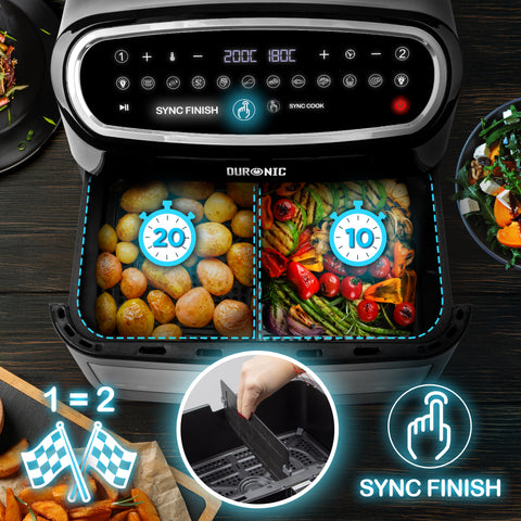 (LARGE SINGLE DRAWER MODEL) Duronic XXL Digital Air Fryer AF14 BK 10L Family Size Air Fryers 10in1 Dual Zone Extra Large AirFryer with window for Family Cooking with Dishwasher Safe Non-Stick Basket Black
