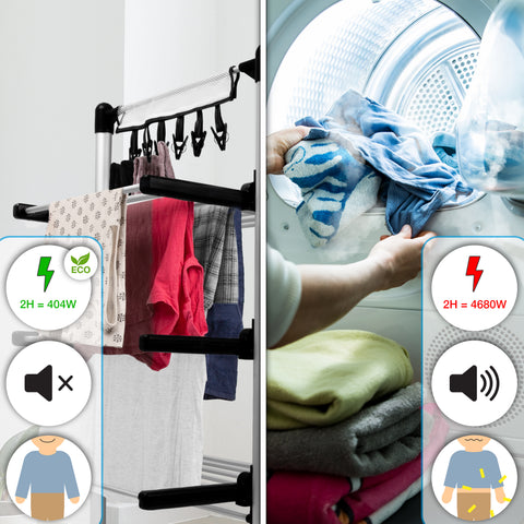 Duronic CA20 BK Electric Clothes Airer 3 Tier Heated Indoor Laundry Drying Rack with Washing Pegs 202W Foldable Sock Hanger Lightweight Garment Dryer Stand for Hats Gloves Small Spaces Home