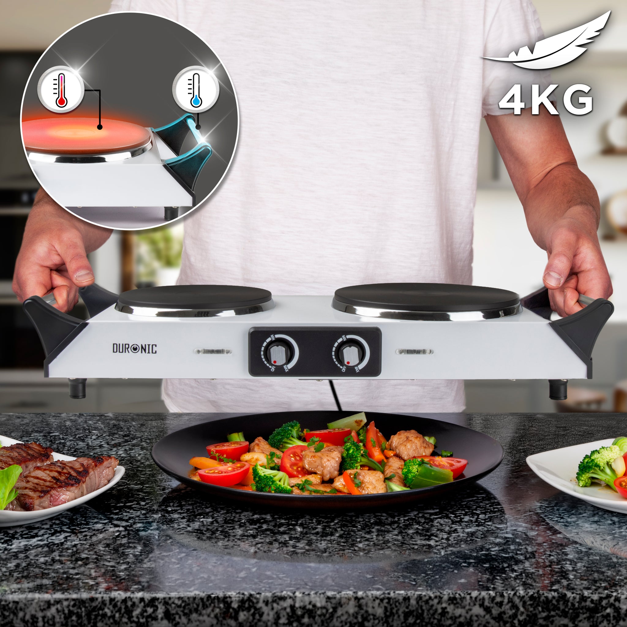 Duronic Electric Hot Plate HP2 WE, 2500W Double Burner Hob, Portable Table Top Cooker with Cast Iron Ring & Cool-Touch Handles for Camping, Caravans, Home, Small Kitchens, White