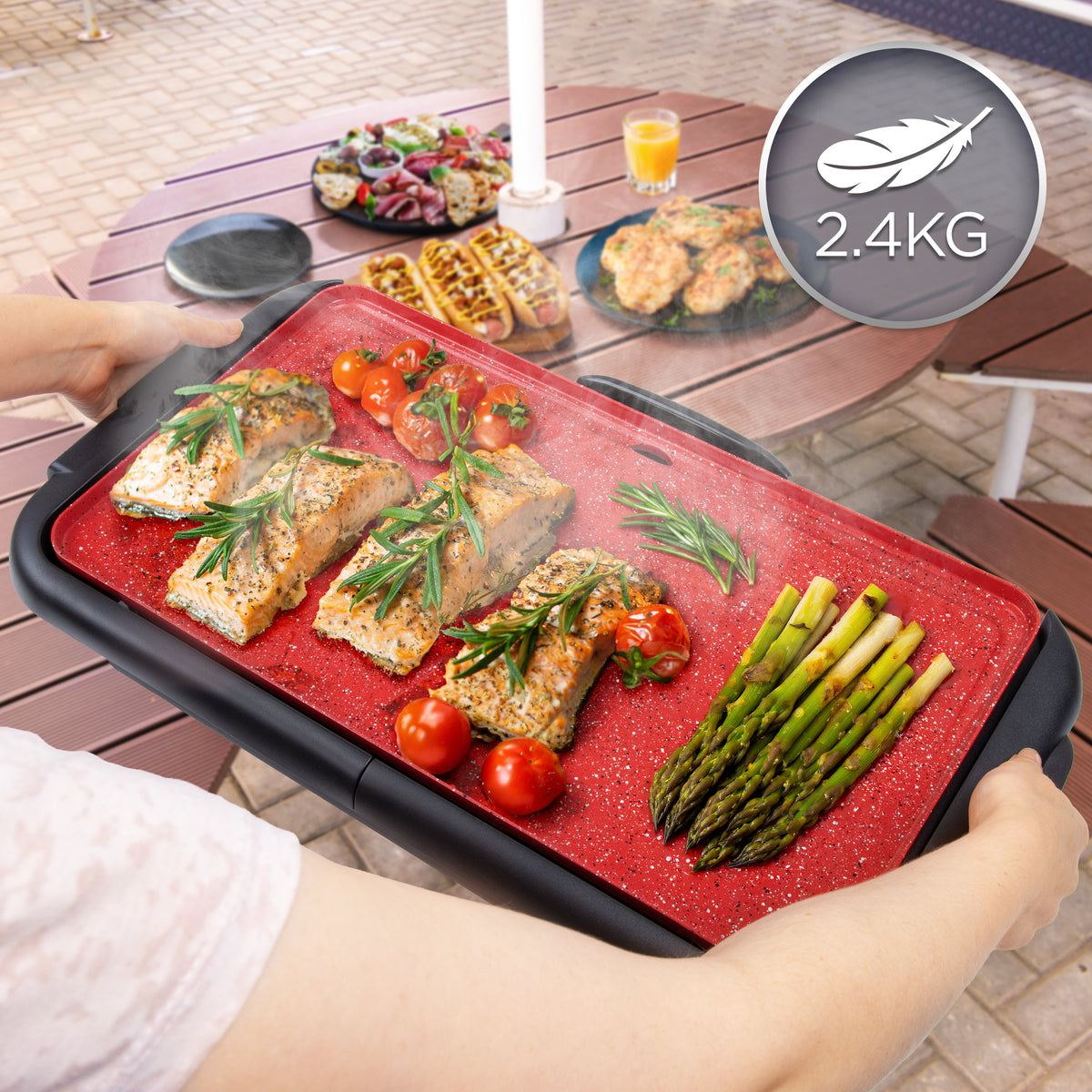 Duronic GP25 Teppanyaki Grill, 2000W Electric Hot Plate with Warming Tray, Non-Stick Surface, Removable Drip Tray, Adjustable Temperature, Ideal for Family Meals, Dinner Parties, BBQ Meat, Fish & Veg