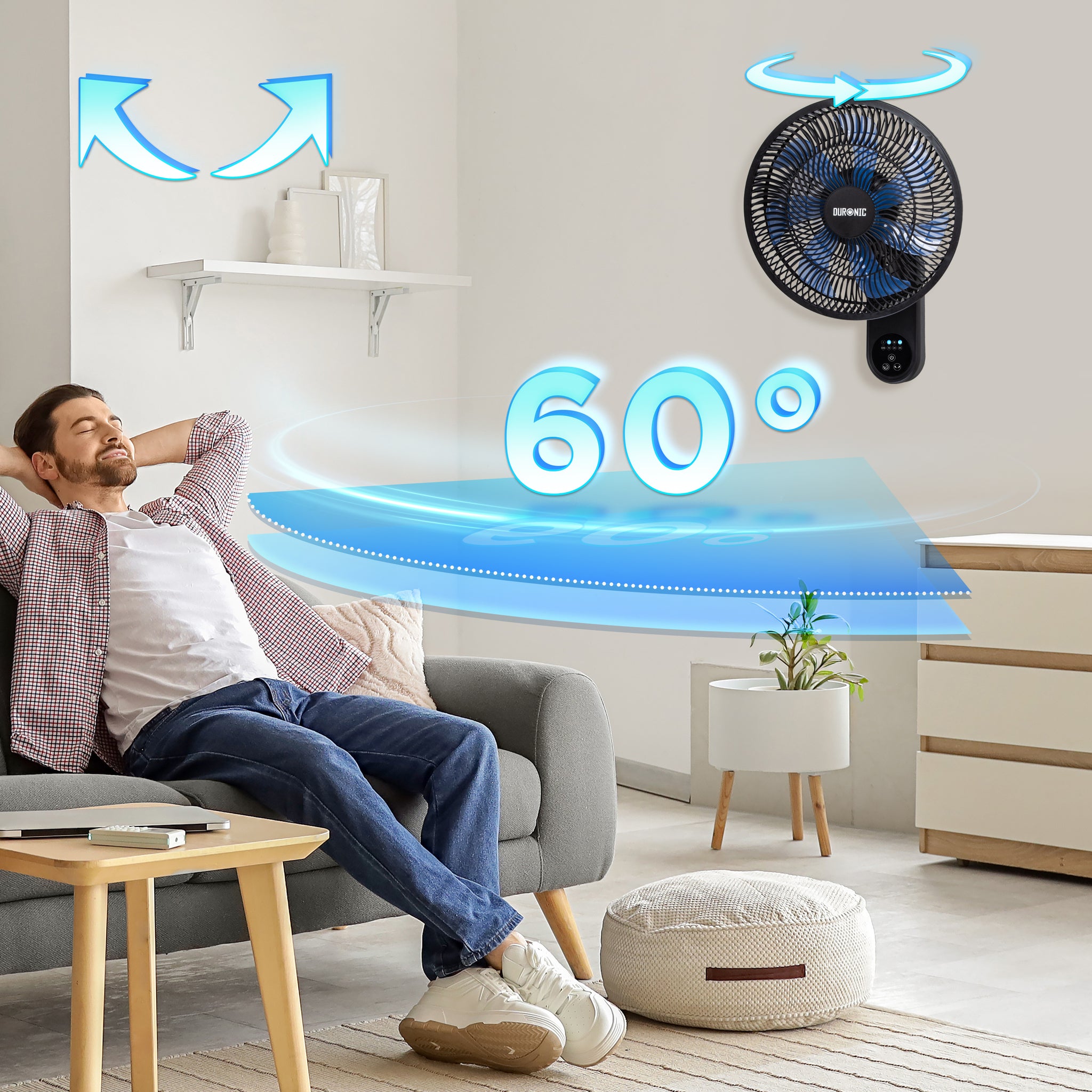 Duronic FN12 BK Wall Mounted Fan with Remote Control 50.4dB Quiet 12” Cooling Fan with 3 Speed Settings, 60° Oscillation, 7.5H Timer for Home, Office, Bedroom & Kitchen Black