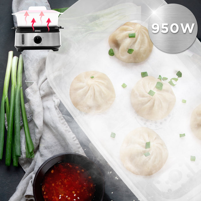 Duronic FS91 BK Black Electric Food Steamer, 3L Steam Cooker with Rice Bowl & 60-Min Timer, 950W BPA-Free Countertop Vegetable Steamer for Fish, Meat, Rice, Eggs, Dumplings, Momos & Baby Food