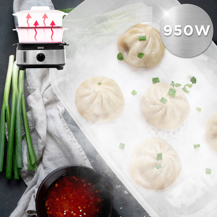 Duronic FS93 BK Black Electric Food Steamer, 2-Tier 6L Steam Cooker with Rice Bowl & 60-Min Timer, 950W BPA-Free Countertop Vegetable Steamer for Fish, Meat, Rice, Eggs, Dumplings, Momos & Baby Food