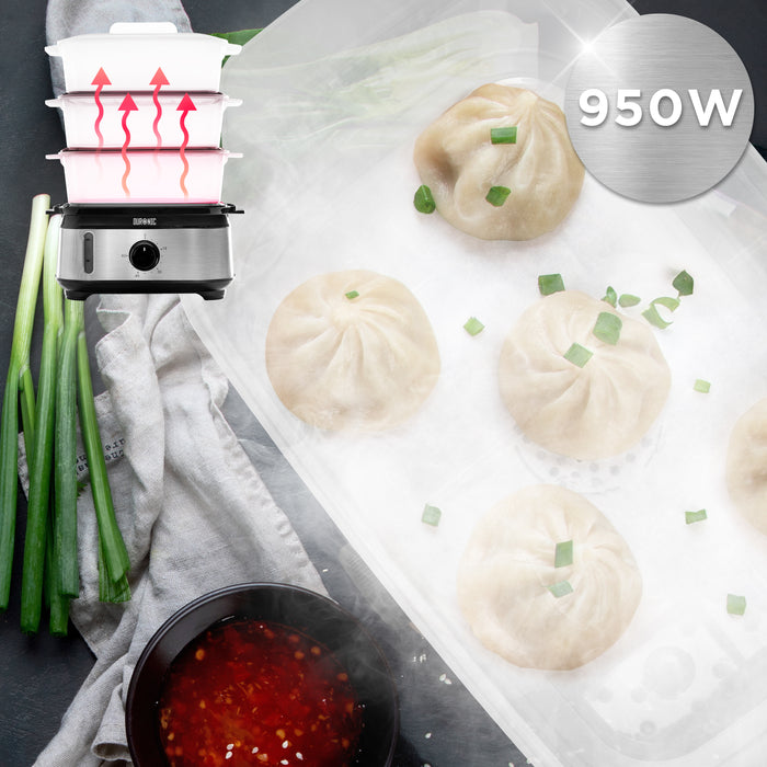 Duronic FS95 BK Black Electric Food Steamer, 3-Tier 9L Steam Cooker with Rice Bowl & 60-Min Timer, 950W BPA-Free Countertop Vegetable Steamer for Fish, Meat, Rice, Eggs, Dumplings, Momos & Baby Food