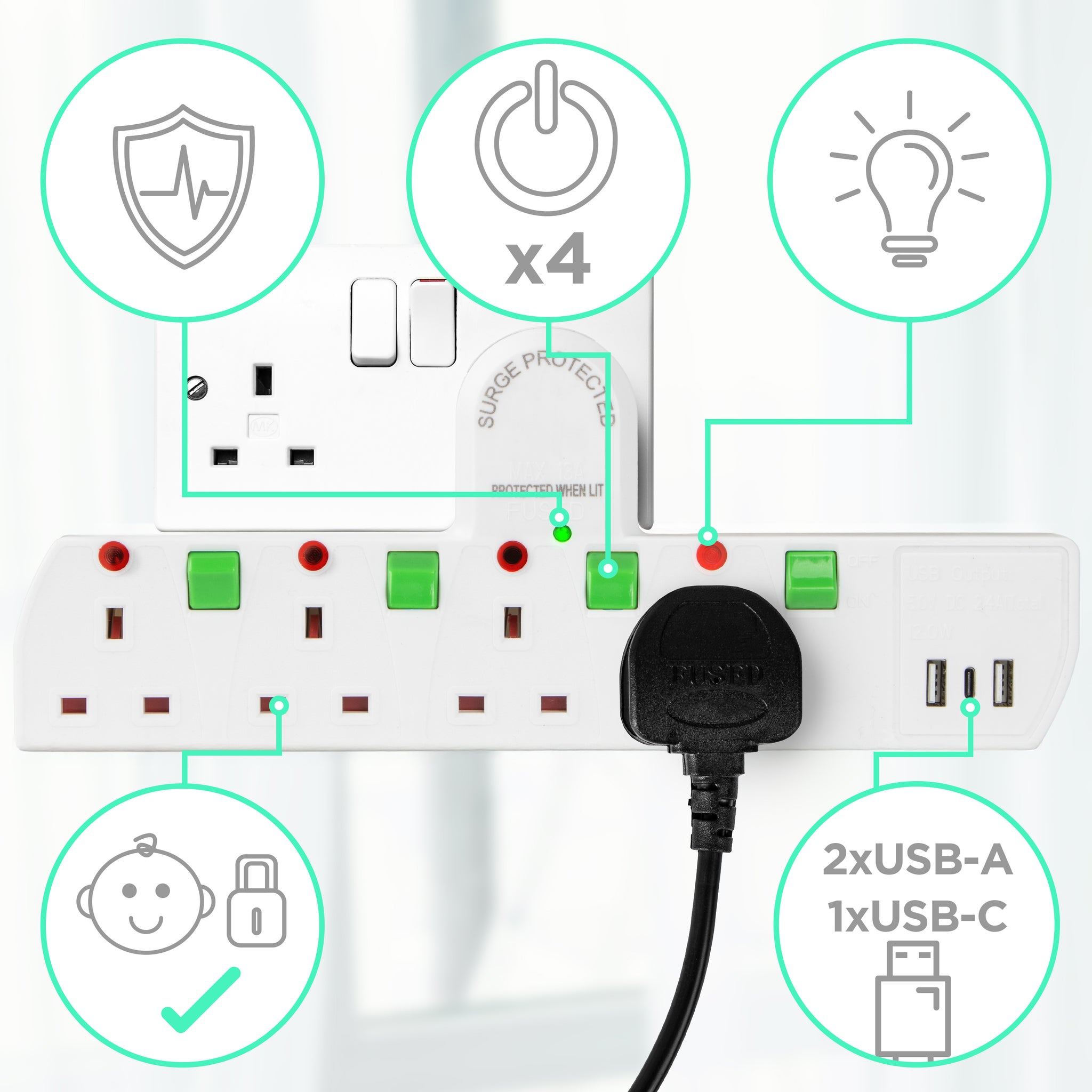 Duronic Plug Adapter with USB S125W 4 Way Multi Plug Adapter for UK Plugs Surge Protected 3kW Power Extension Adaptor with 2.4A USB Ports & 1 USB-c Port White Multi Socket with Switches