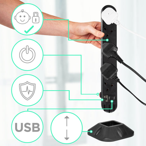 Duronic Tower Extension Lead ST10B 10 Gang Surge Protected Extension leads with USB & USB-C Slot Black 10 Way Electric Power Strip with Spike Protection Multi UK Plug Outlet Socket with 2m Cable