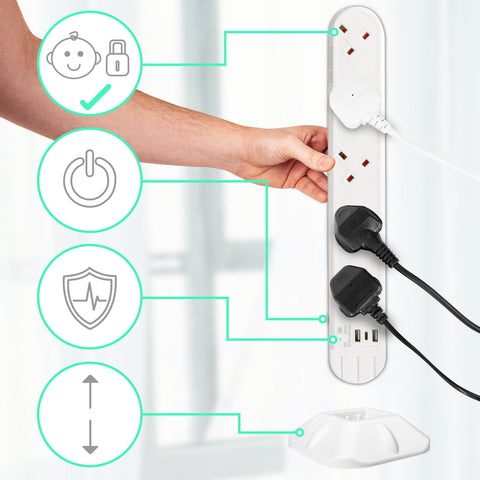 Duronic Tower Extension Lead ST10W 10 Gang Surge Protected Extension leads with USB & USB-C Slot White 10 Way Electric Power Strip with Spike Protection Multi UK Plug Outlet Socket with 2m Cable