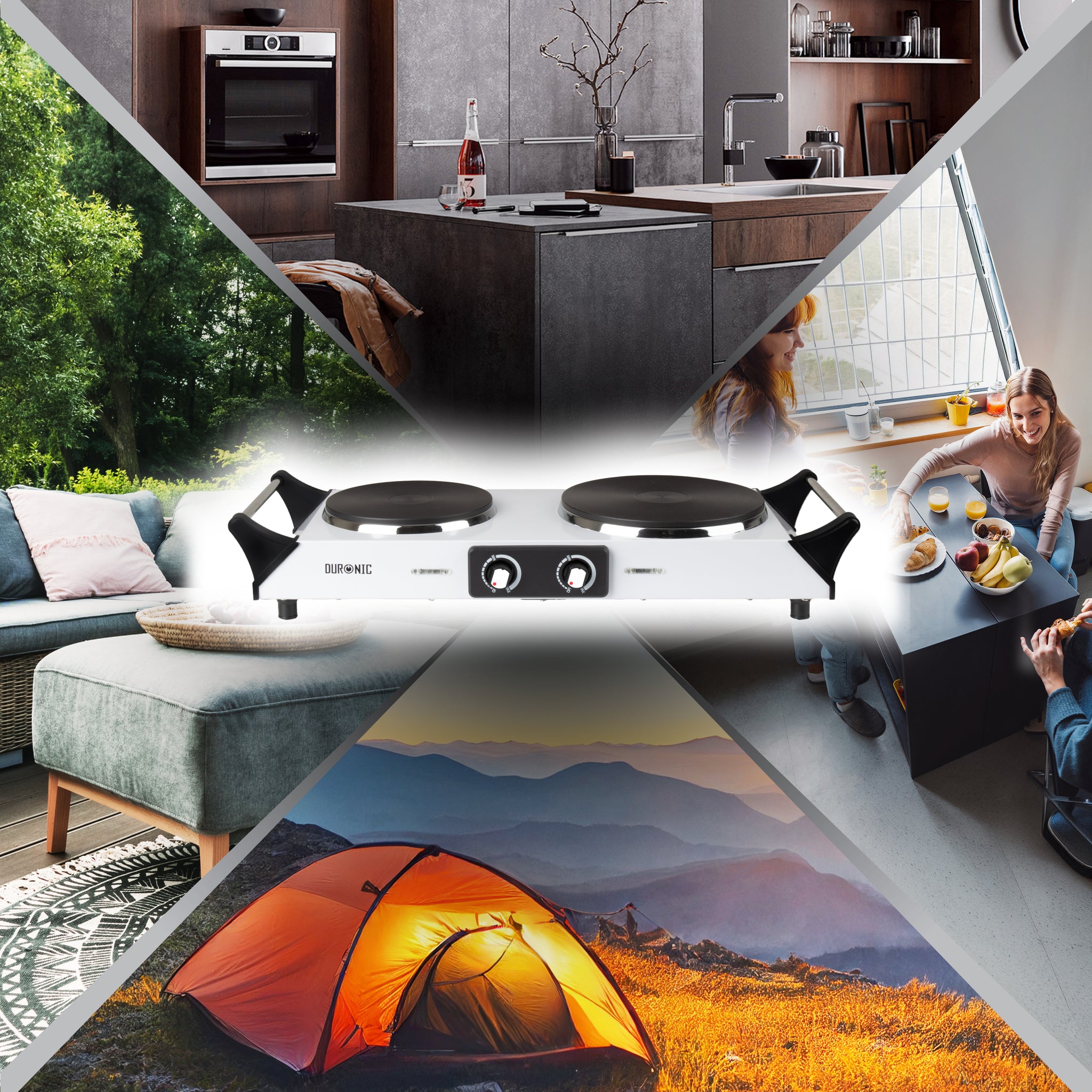Duronic Electric Hot Plate HP2 WE, 2500W Double Burner Hob, Portable Table Top Cooker with Cast Iron Ring & Cool-Touch Handles for Camping, Caravans, Home, Small Kitchens, White