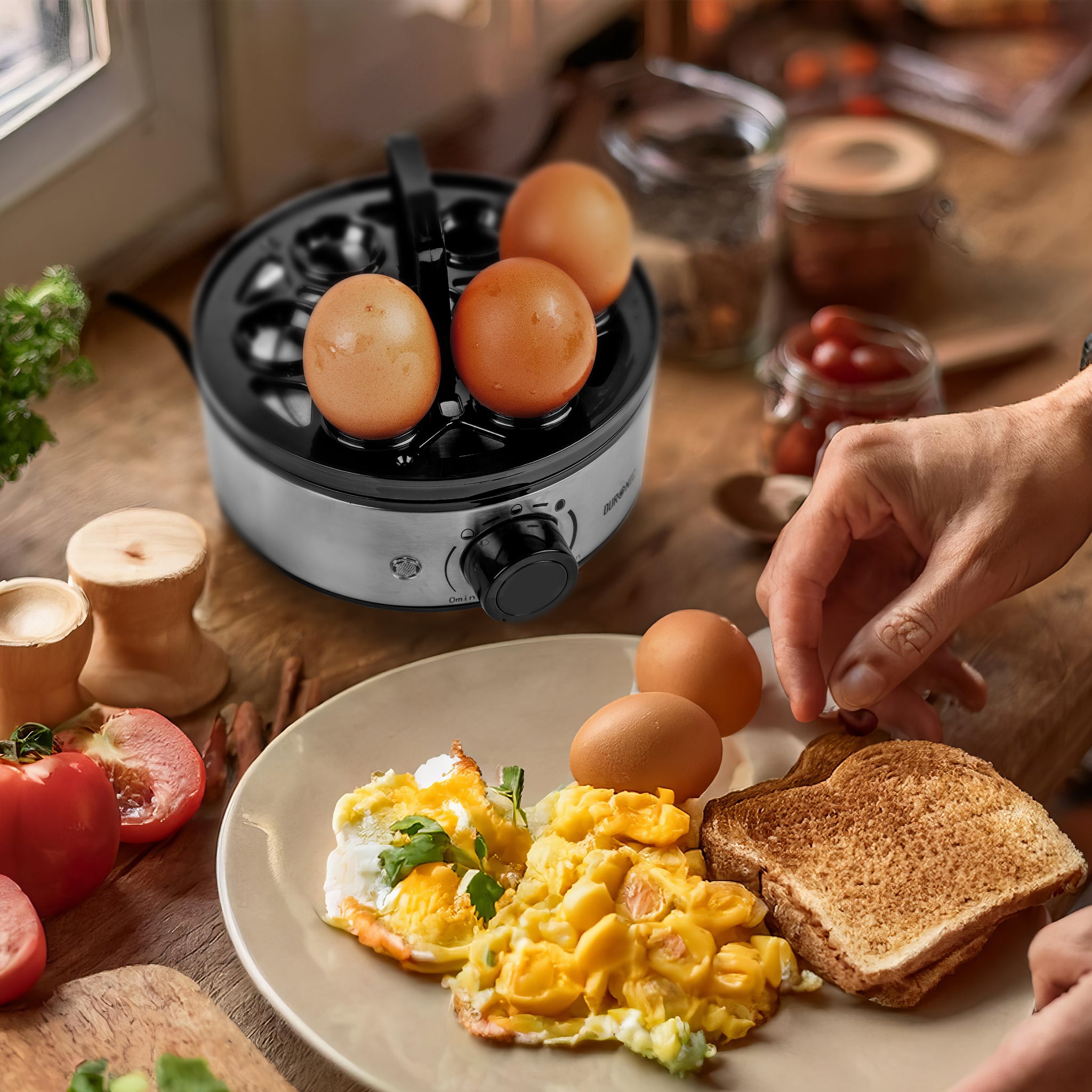 Duronic Electric Egg Boiler EB50 400W Egg Cooker Poacher for 7 Eggs with Omelette Tray Auto Shut Off & 3 Cooking Modes Soft Medium Hard Boiled Egg Steamer for Breakfast Meals - Dishwasher Safe Parts
