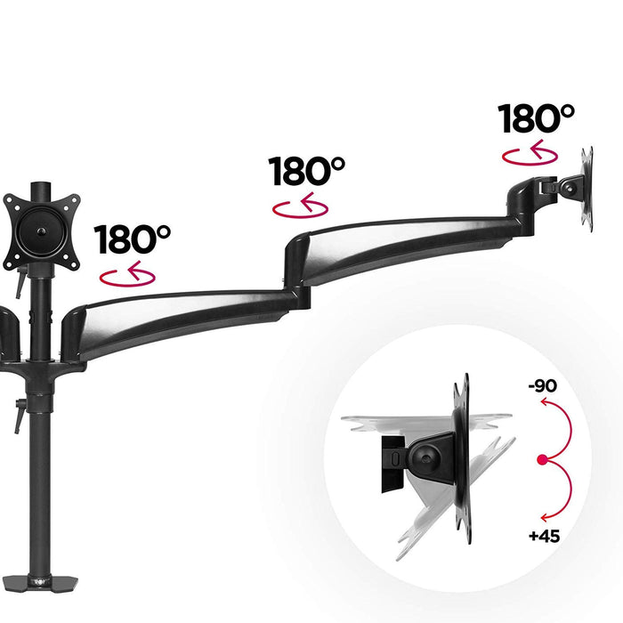 Duronic Monitor Arm Stand DM453 | Triple PC Desk Mount | Solid Steel | Height Adjustable | For Three 15-27 LED LCD Screens | VESA 75/100 | 8kg Per Screen | Tilt -90°/-45°, Rotate 360°