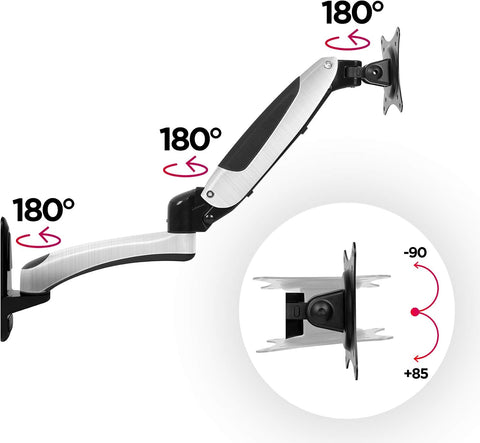 Duronic Monitor Arm Wall Mount DM65W1X2 | Bracket for Single PC Computer Screen | Aluminium | For One 15”-27” LED LCD TV Television | VESA 75/100 Fixing | Tilt +85°/-90°, Swivel 180°, Rotate 360°