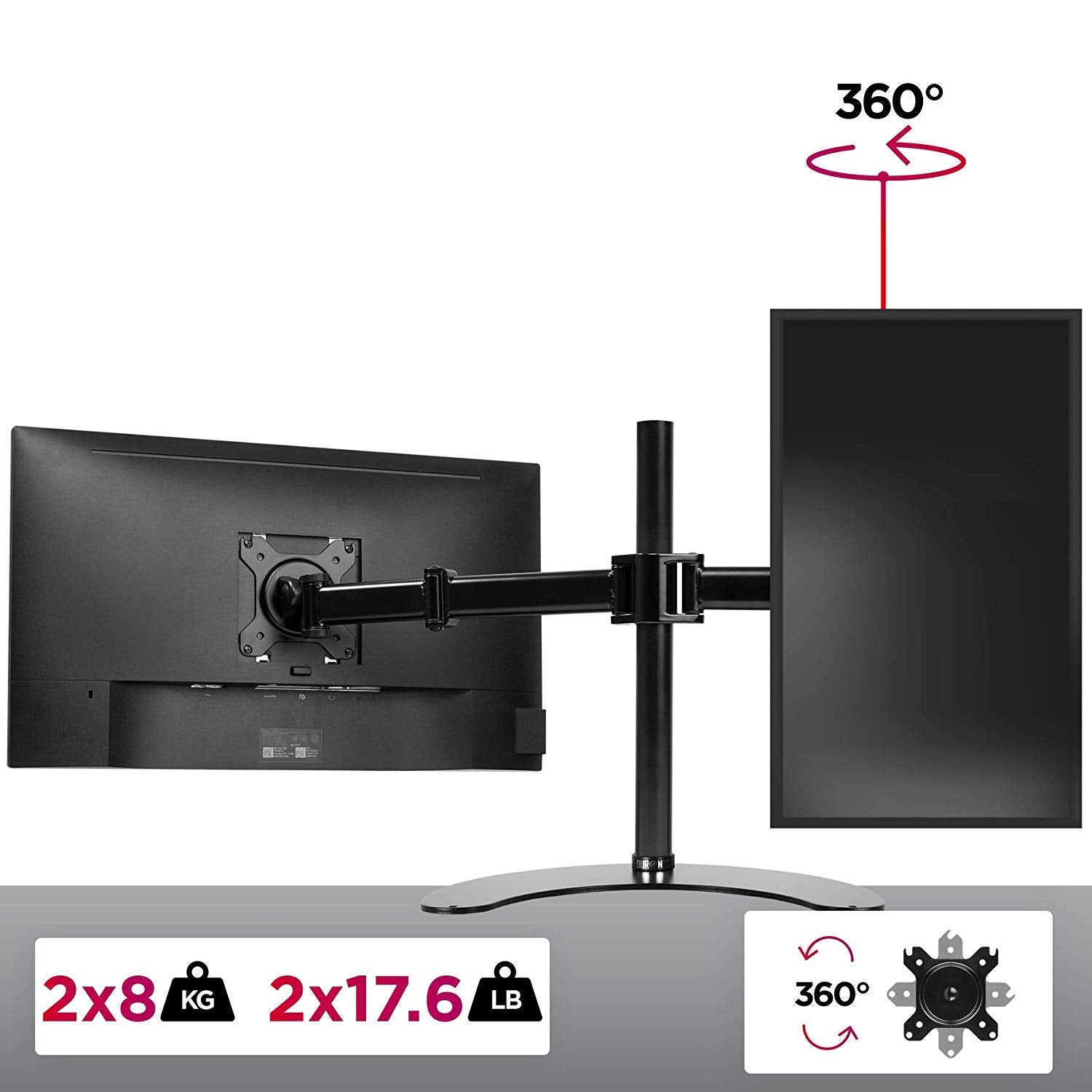 Duronic Dual Monitor Arm Stand Desk Mount holding two screens with 360-degree rotation and weight capacity info.