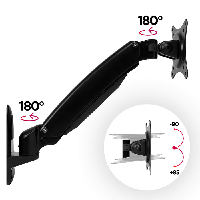 Duronic Monitor Arm Wall Mount DM55W1X1 | Bracket for Single PC Computer Screen | Aluminium | For One 15”-27” LED LCD TV Television | VESA 75/100 Fixing | Tilt +85°/-90°, Swivel 180°, Rotate 360°