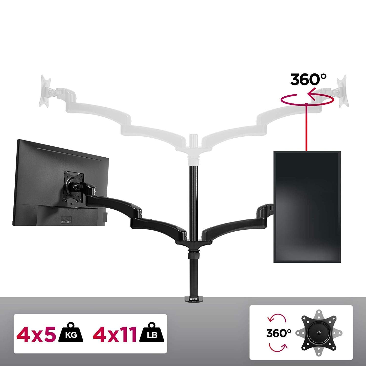 Duronic Monitor Arm Stand DM454 | Quad PC Desk Mount | Aluminium | Height Adjustable | For Four 15-27 LED LCD Screens | VESA 75/100 | 5kg Per Screen | Tilt -90°/+45°, Rotate 360°
