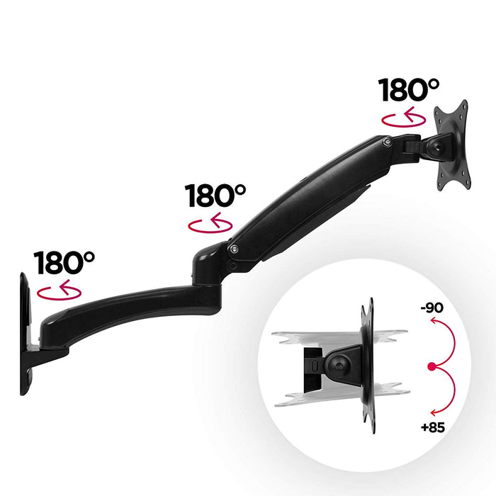 Duronic Monitor Arm Wall Mount DM55W1X2 | Bracket for Single PC Computer Screen | Aluminium | For One 15”-27” LED LCD TV Television | VESA 75/100 Fixing | Tilt +85°/-90°, Swivel 180°, Rotate 360°