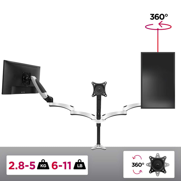 Duronic Monitor Arm Stand DM653 | Triple Gas-Powered PC Desk Mount | BLACK | Height Adjustable | For Three 15-27 LED LCD Screens | VESA 75/100 | 8kg Capacity | Tilt -90°/+85°,Swivel 180°,Rotate 360°