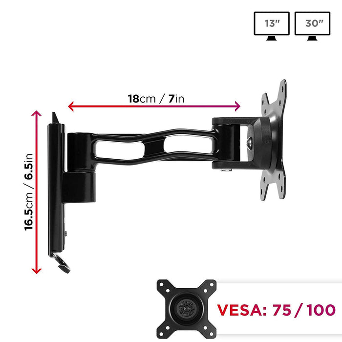 Duronic Monitor Arm Wall Mount DM65W1X2 | Bracket for Single PC Computer Screen | Aluminium | For One 15”-27” LED LCD TV Television | VESA 75/100 Fixing | Tilt +85°/-90°, Swivel 180°, Rotate 360°