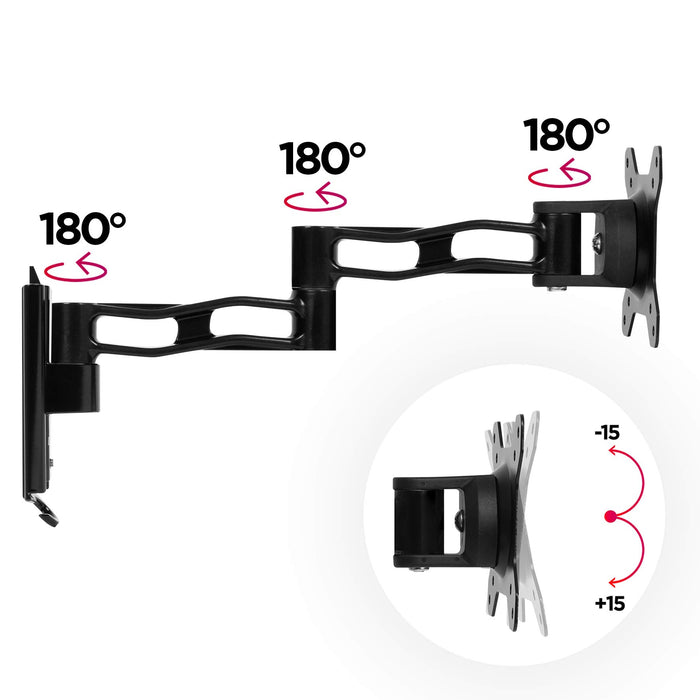 Duronic Monitor Arm Wall Mount DM35W1X3 | Bracket for Single PC Computer Screen | Aluminium | For One 13”-30” LED LCD TV Television | VESA 75/100 Fixing | Tilt +15°/-15°, Swivel 180°, Rotate 360°