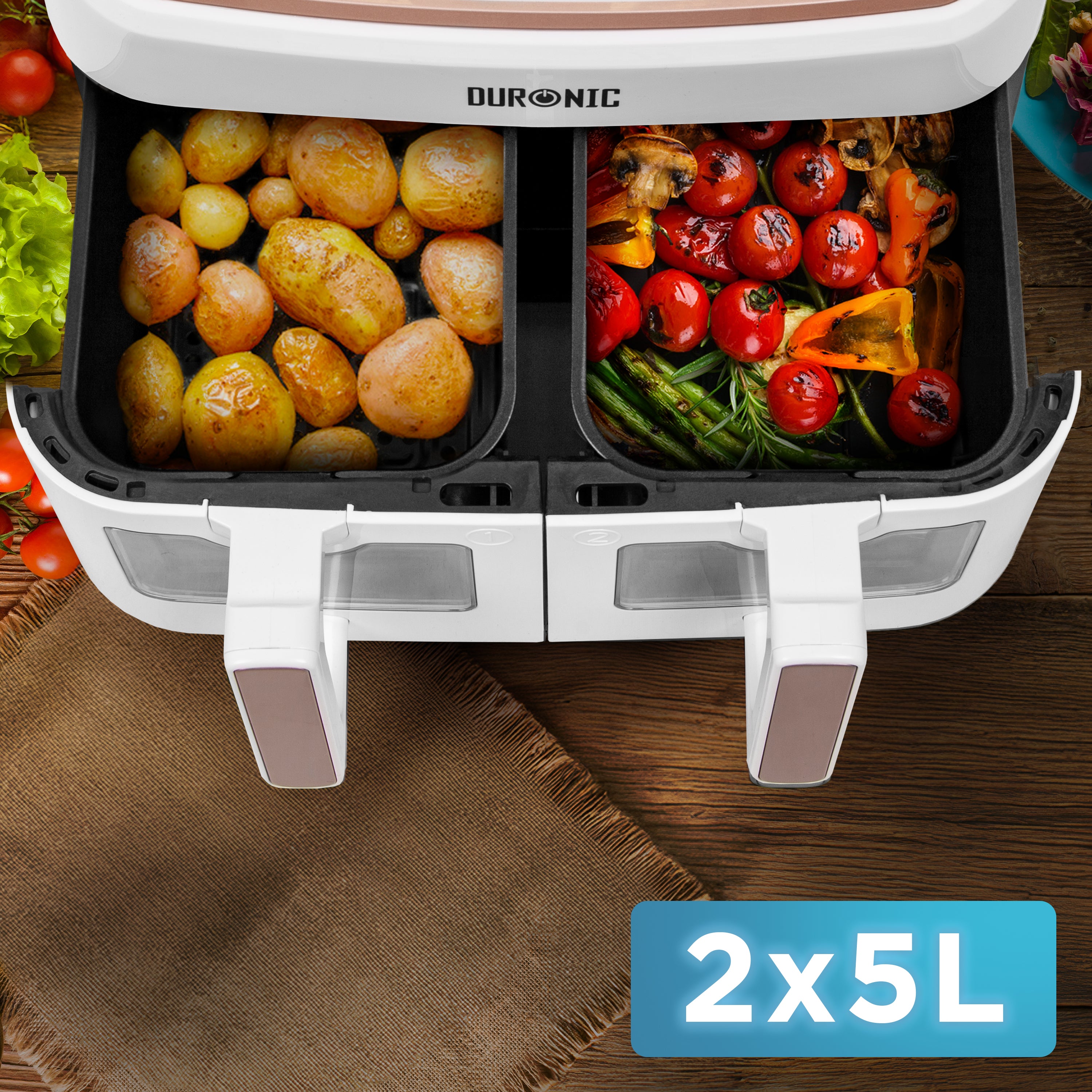 (DUAL DRAWERS ONLY) Duronic Twin Drawers AFD2 WE, 2024 VERSION ONWARDS, 2 x 5L Drawers Specifically for the AF24 Air Fryer, Two Cooking Trays with Sync Cook and Finish for Dual Zone Air Fryer White