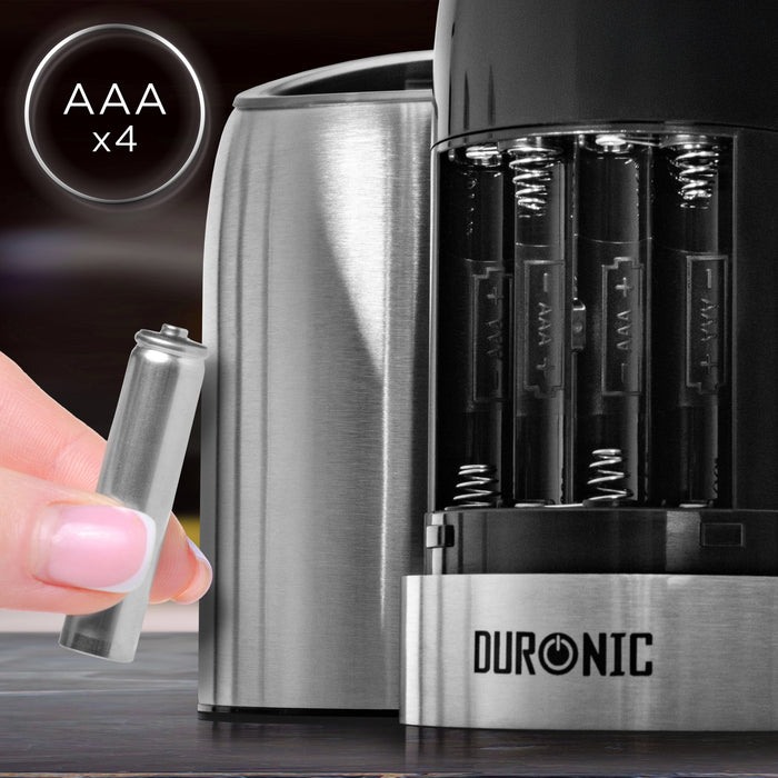 Duronic EMB2 Electric Salt and Pepper Grinder Set 25W Two Automatic Gravity Salt Shakers Battery Powered Pepper Mills One Handed Spice Grinder with LED Light, Adjustable Coarseness