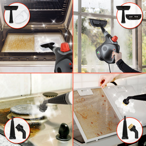 Duronic SC32 BK Handheld Steam Cleaner with 11 Accessories, 1050W High Pressure Upholstery Cleaners, Portable Steamer Stain Remover for Kitchen Oven Grill Bathroom Car Window Tile Grout Cleaner Black