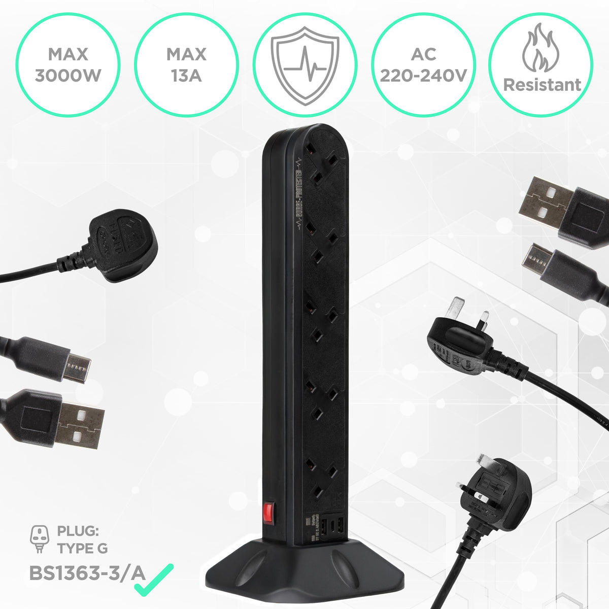 Duronic Tower Extension Lead ST10B 10 Gang Surge Protected Extension leads with USB & USB-C Slot Black 10 Way Electric Power Strip with Spike Protection Multi UK Plug Outlet Socket with 2m Cable