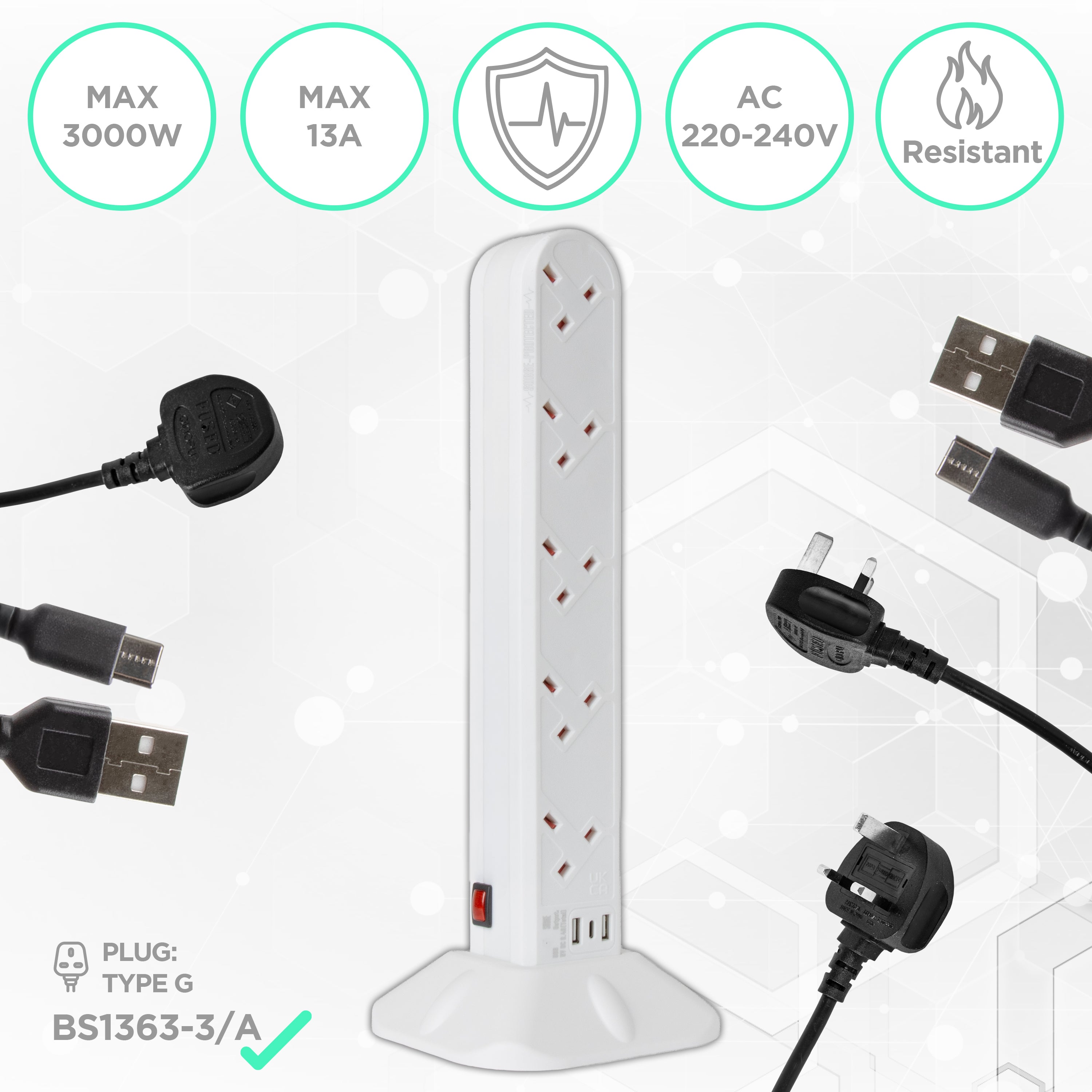 Duronic Tower Extension Lead ST10W 10 Gang Surge Protected Extension leads with USB & USB-C Slot White 10 Way Electric Power Strip with Spike Protection Multi UK Plug Outlet Socket with 2m Cable