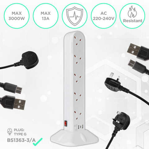 Duronic Tower Extension Lead ST10W 10 Gang Surge Protected Extension leads with USB & USB-C Slot White 10 Way Electric Power Strip with Spike Protection Multi UK Plug Outlet Socket with 2m Cable