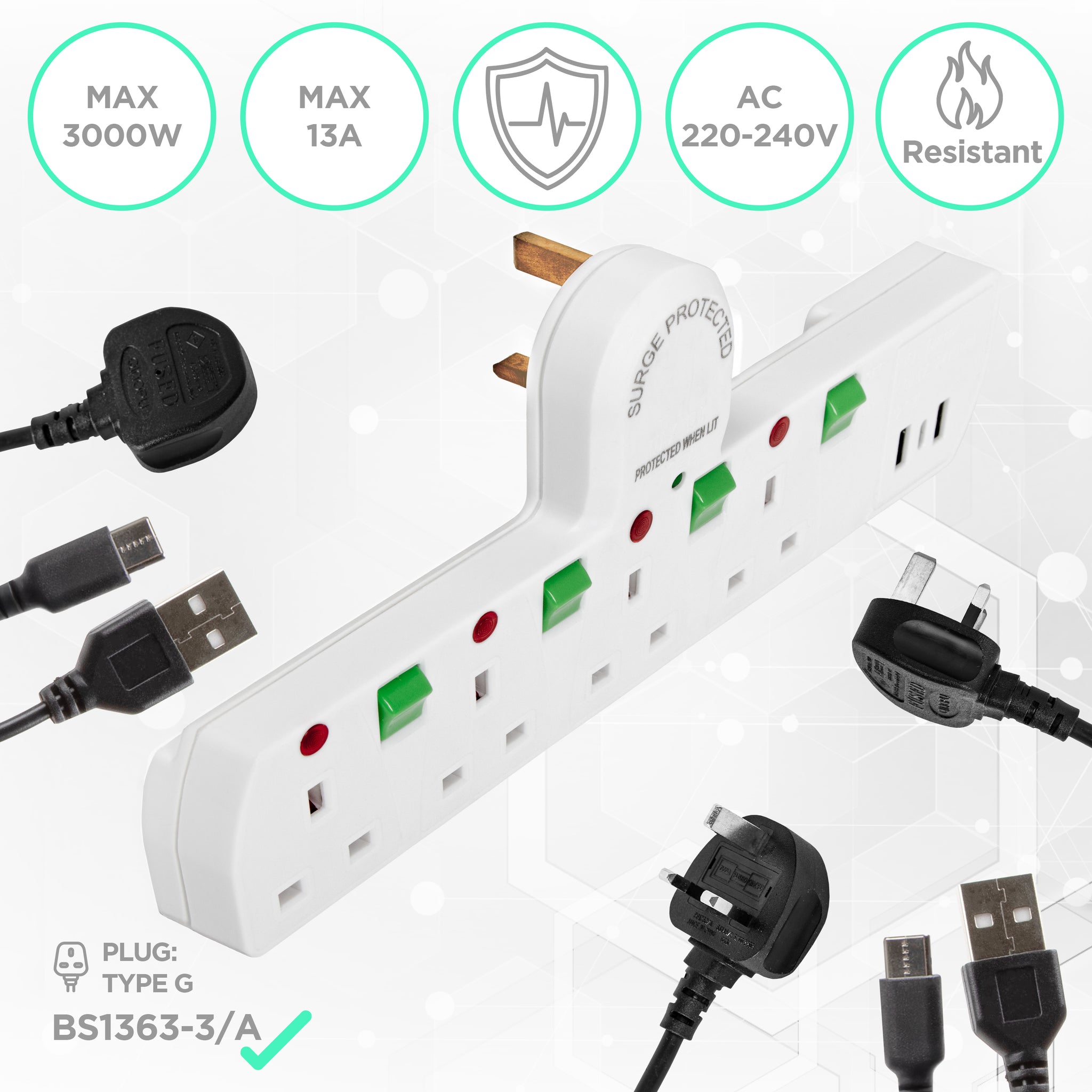 Duronic Plug Adapter with USB S125W 4 Way Multi Plug Adapter for UK Plugs Surge Protected 3kW Power Extension Adaptor with 2.4A USB Ports & 1 USB-c Port White Multi Socket with Switches