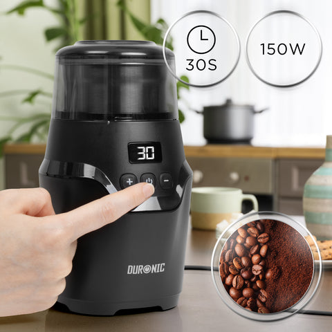 Duronic CG550 Electric Coffee & Spice Grinder, 220ml Cup, Adjustable Timer, Fast Blade Grinder Push-button control, Ideal for Coffee Beans, Dry Spices, Seeds & Nuts with Silicone-Lined Lid, 150W, Black