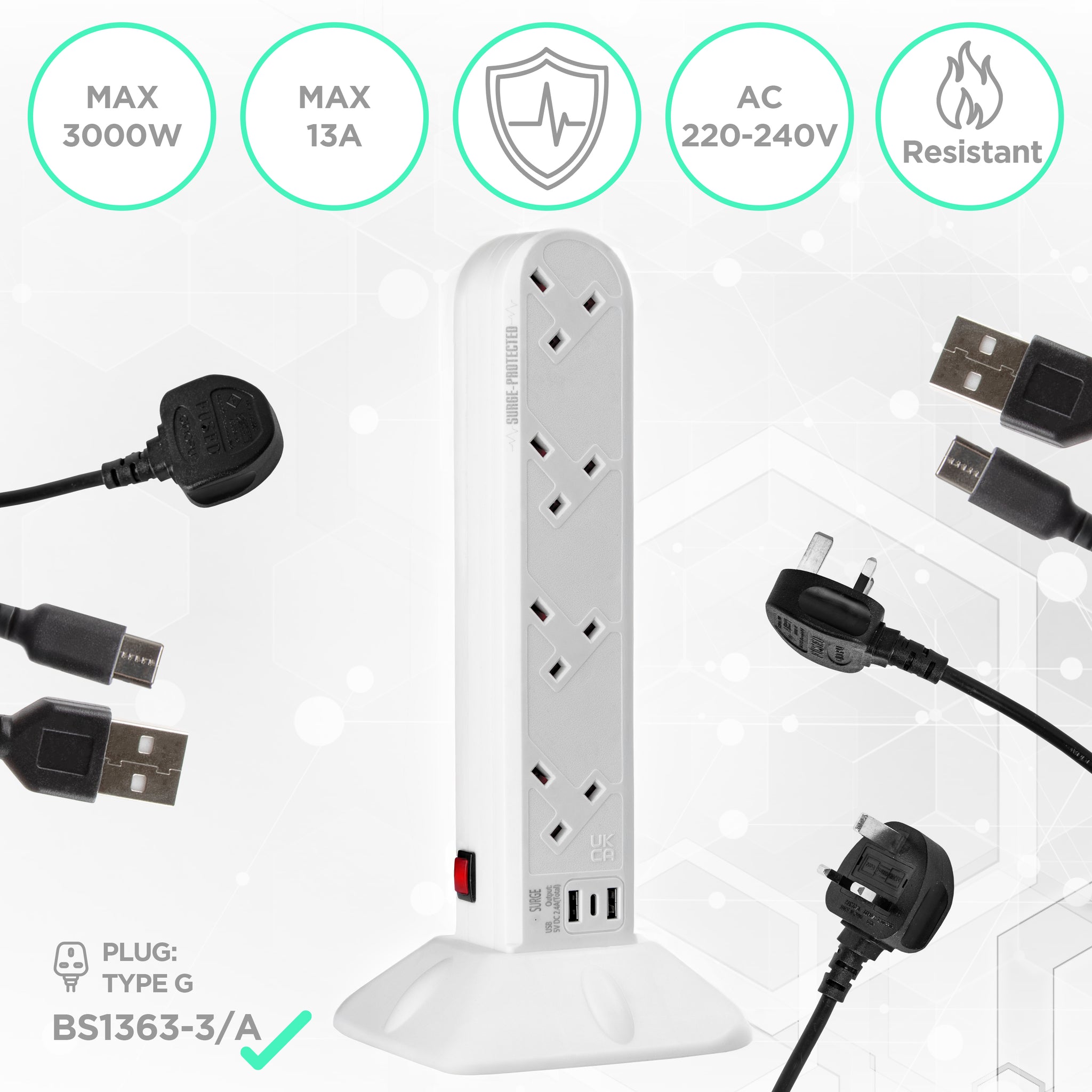 Duronic Surge Protected Extension Lead ST8W Tower Extension Leads with USB Multiplug Adapter Cord for UK Plugs 8 Way with 2x USB Slots and 1x USB-C Slot Long White Power Cords Multi Outlet Socket