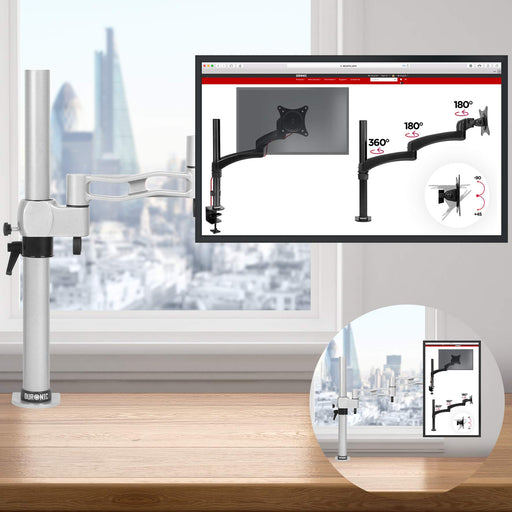 Duronic Monitor Arm Stand DM351X3 SR | Single PC Desk Mount | SILVER | Aluminium | Height Adjustable |For One 13-27 LED LCD Screen | VESA 75/100 | 8kg Capacity | Tilt +15°/-15°,Swivel 180°,Rotate 360°