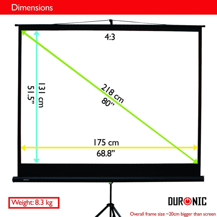 Duronic Tripod Projector Screen TPS86 /43 86" Projection Screen Office | Home Theatre Cinema School| 175cm X 131cm 4K 8K Ultra HDR 3D Ready