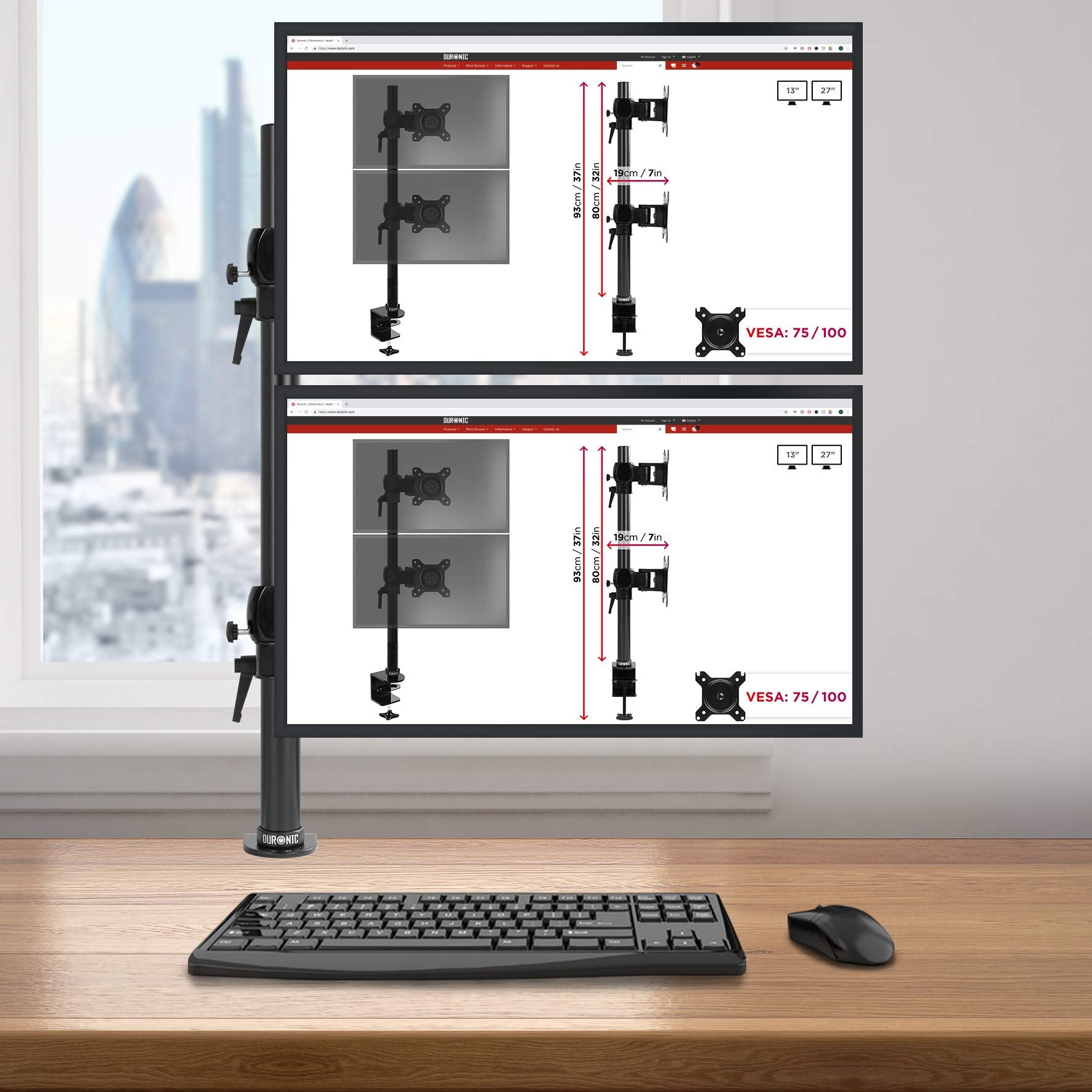 Duronic Dual Screen Monitor Stand DM35V2X2 | Double/Twin PC Desk Mount | Aluminium | For Two 13-27 Inch LED LCD Screens | VESA 75/100 | 8kg Per Screen | Tilt -15°/+15°,Swivel 180°,Rotate 360°