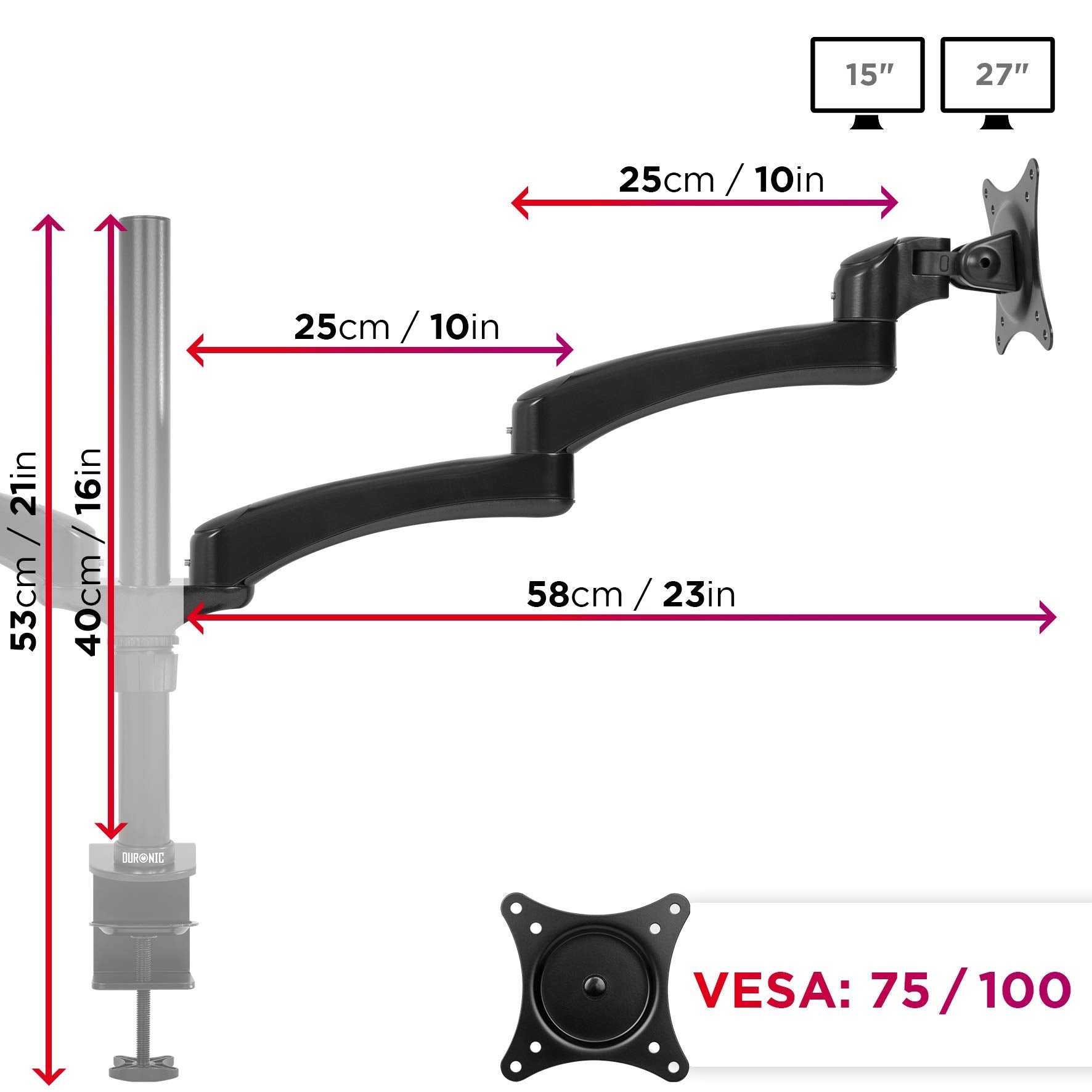 Duronic Monitor Arm Stand DM452 | Double PC Desk Mount | Aluminium | Height Adjustable | For Two 15-27 LED LCD Screens | VESA 75/100 | 8kg Per Screen | Tilt -90°/-45°, Rotate 360°