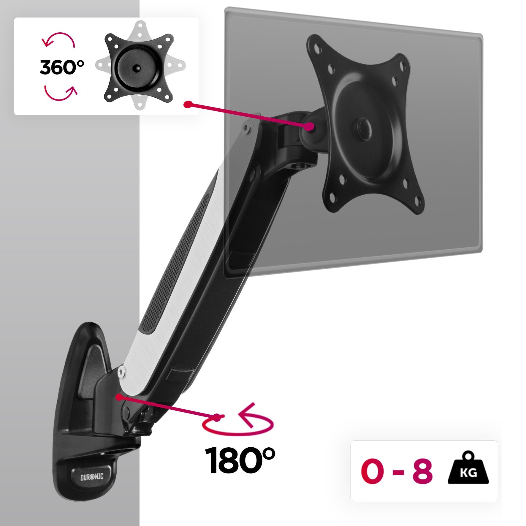 Duronic Monitor Arm Wall Mount DM65W1X1 | Bracket for Single PC Computer Screen | Aluminium | For One 15”-27” LED LCD TV Television | VESA 75/100 Fixing | Tilt +85°/-90°, Swivel 180°, Rotate 360°