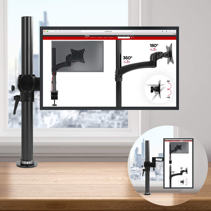 Duronic Single Monitor Arm Stand DM351X1 | PC Desk Mount | BLACK | Aluminium | Height Adjustable | For One 13-27 Inch LED LCD Screen | VESA 75/100 | 8kg Capacity | Tilt +15°/-15°,Swivel 180°,Rotate 360