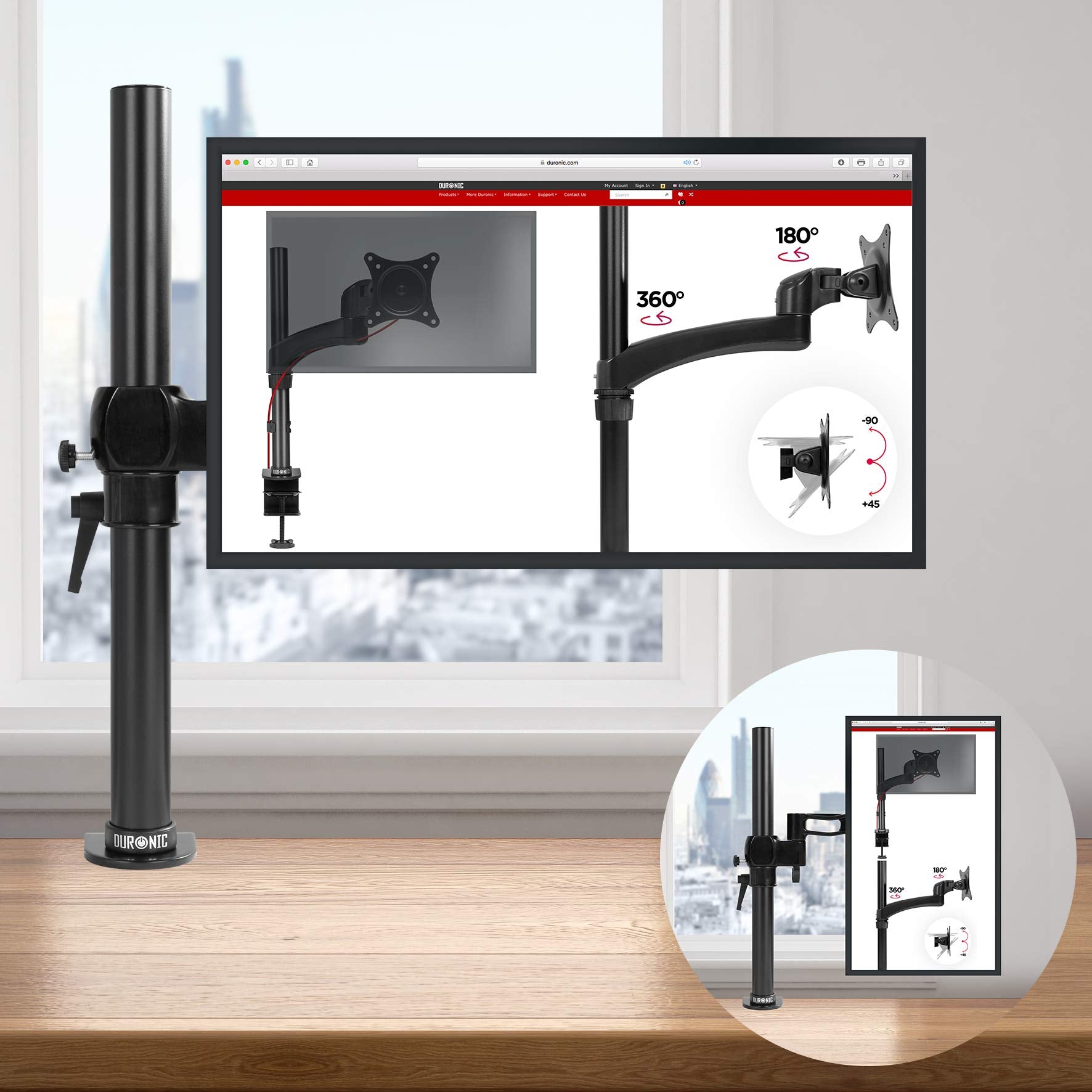 Duronic Single Monitor Arm Stand DM351X2 | Single PC Desk Mount | BLACK | Aluminium | Adjustable | For One 13-27 LED LCD Screen | VESA 75/100 | 10kg Capacity | Tilt +15°/-15°,Swivel 180°,Rotate 360°